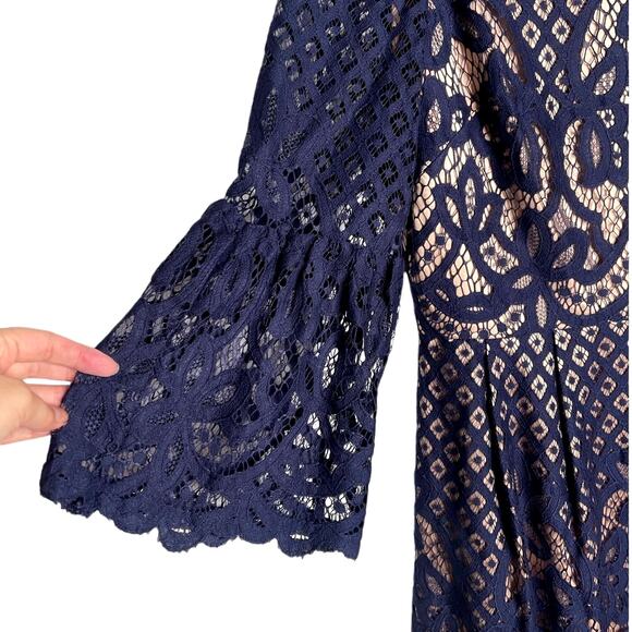 NEW! Anthropologie Plus Size 14 Bell Sleeve Lace Fit Flare Dress Boho Navy Blue - Picture 4 of 8